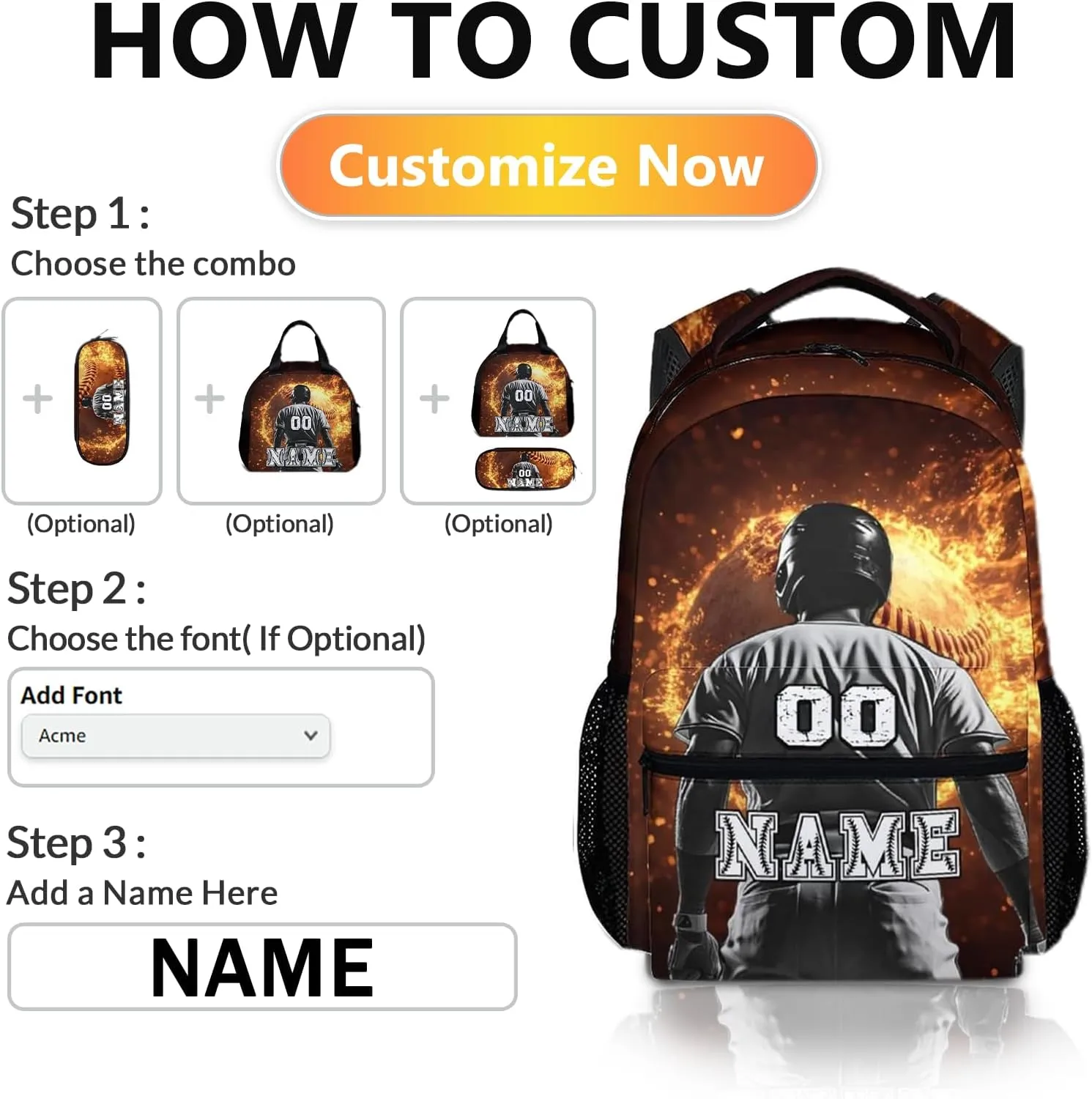 Custom Boys School Backpack, 17" Cool Baseball Backpacks for Preschool Middle School, Schoolbag Gifts for Kids Teens Baseball Lovers, Large Capacity Sports Bookbag Supplies for Travel Elementary