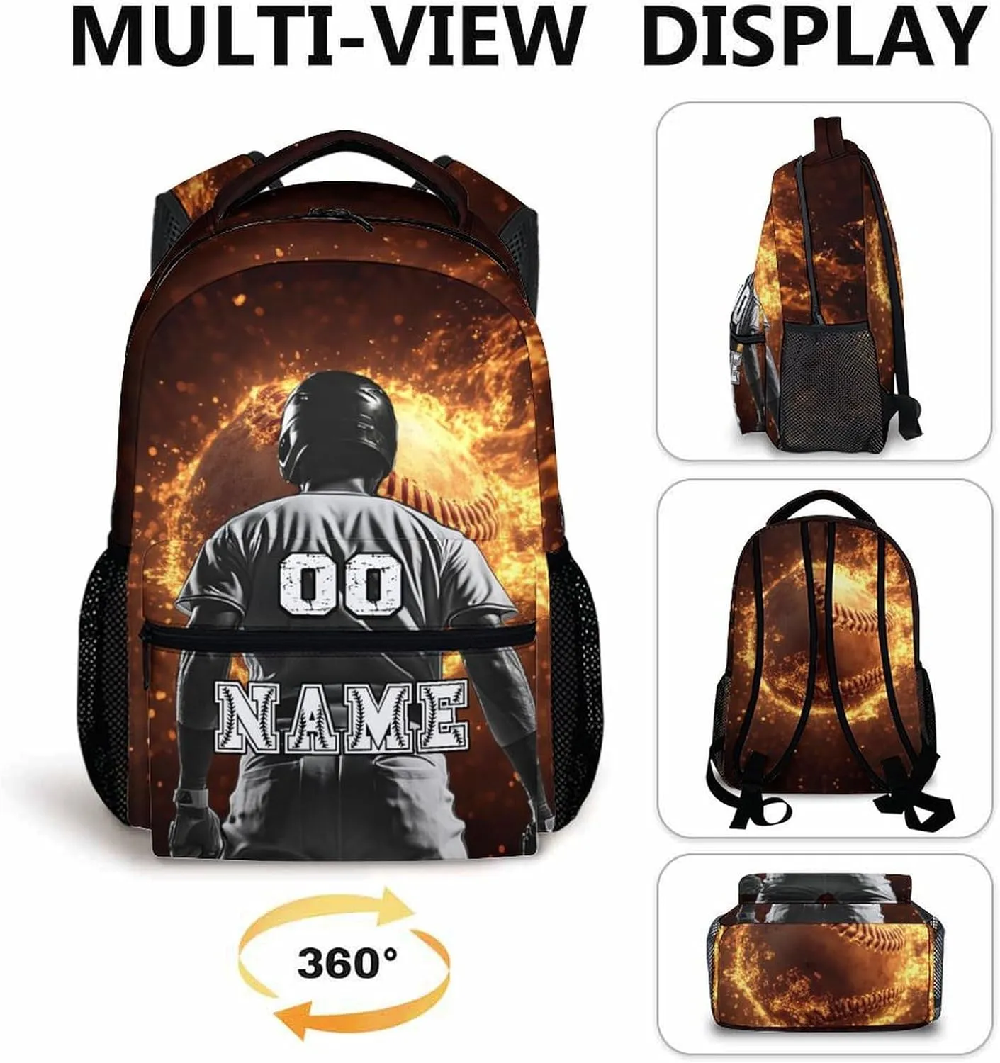 Custom Boys School Backpack, 17" Cool Baseball Backpacks for Preschool Middle School, Schoolbag Gifts for Kids Teens Baseball Lovers, Large Capacity Sports Bookbag Supplies for Travel Elementary