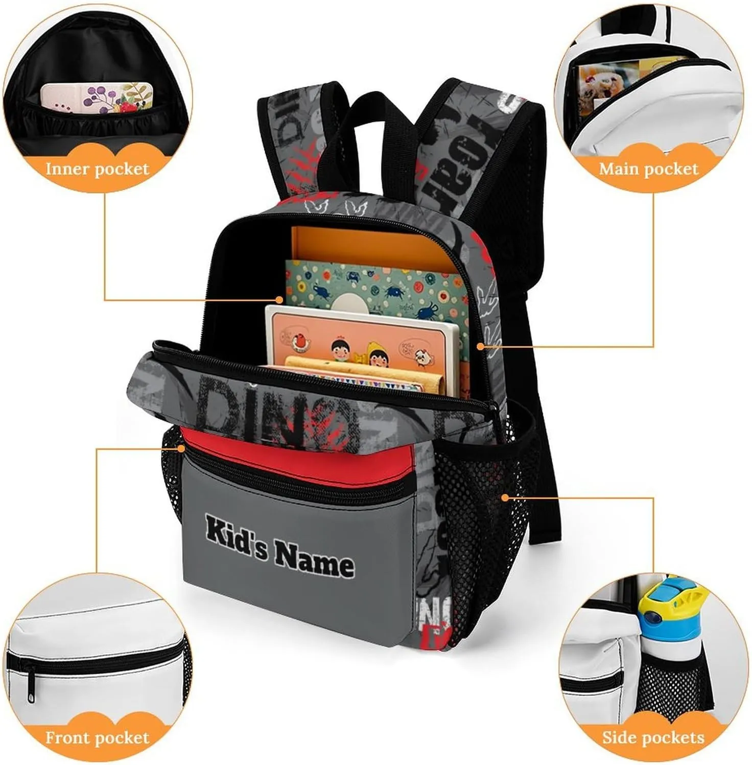 Custom Dinosaur T-Rex Roar Kids Backpacks for Boys Girls Toddler Personalized Kid's Name Text School Bag Customized School Bookbags Kindergarten Daypack for Back to School Travel