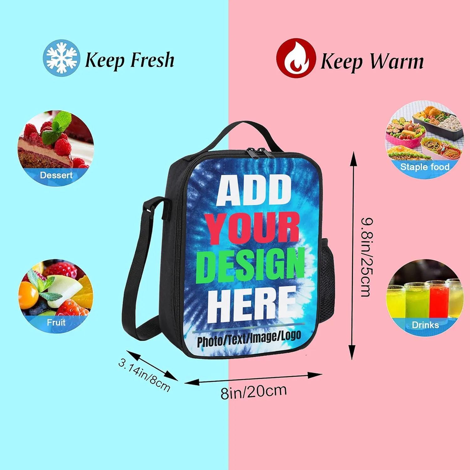 Custom Insulated Lunch Box for Girls Boys, Personalized Insulated Lunch Box with Your Photos Tex, Customized Reusable Lunch Bag Leakproof Cooler Tote Bag for School Office Travel Picnic