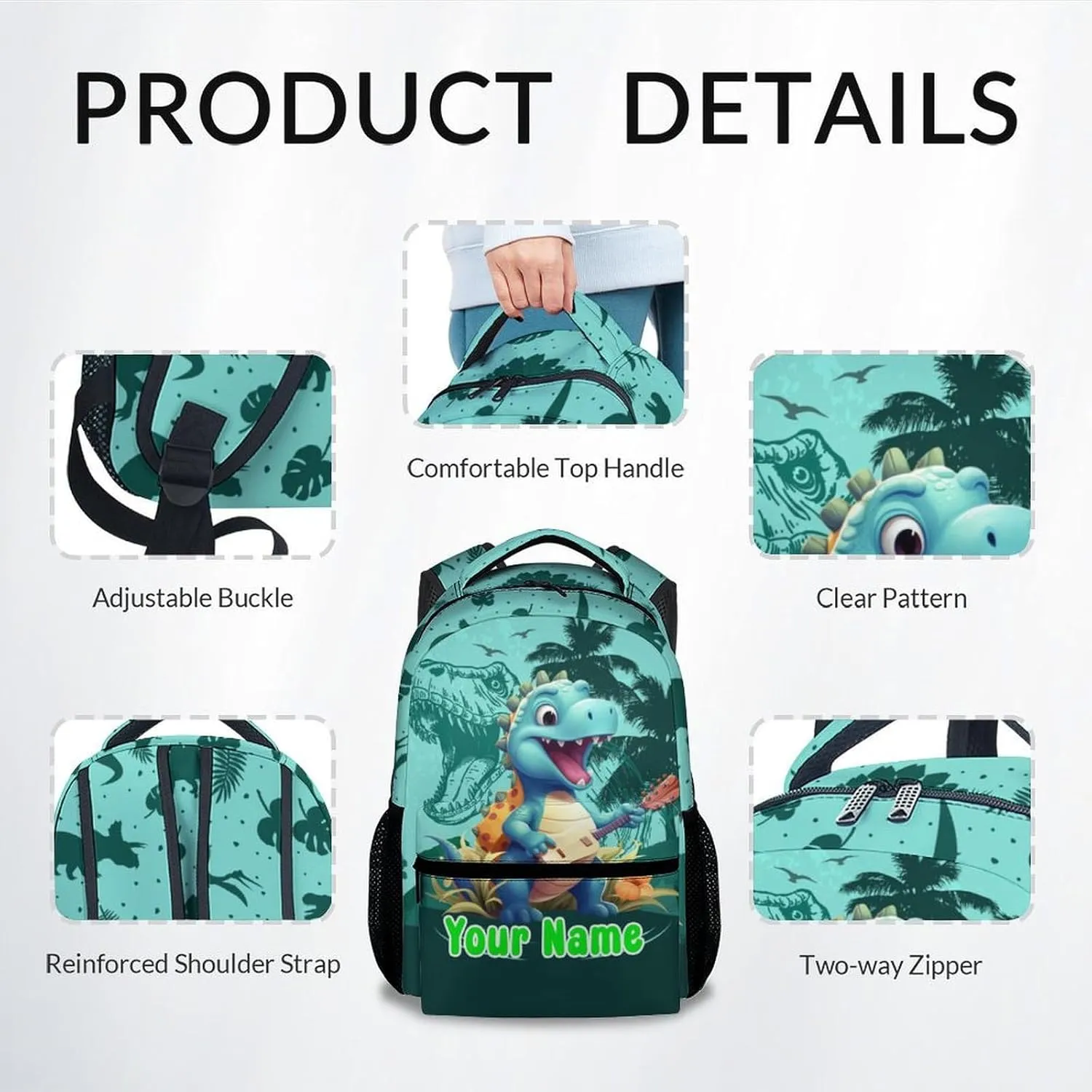 Custom Kids Backpack School Bookbags, Dinosaur Backpack for Girls Boys, 17 Inch School Backpacks for Primary Elementary, Cute Bookbag with Adjustable Straps, Green