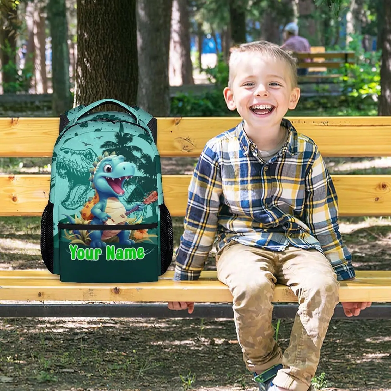 Custom Kids Backpack School Bookbags, Dinosaur Backpack for Girls Boys, 17 Inch School Backpacks for Primary Elementary, Cute Bookbag with Adjustable Straps, Green