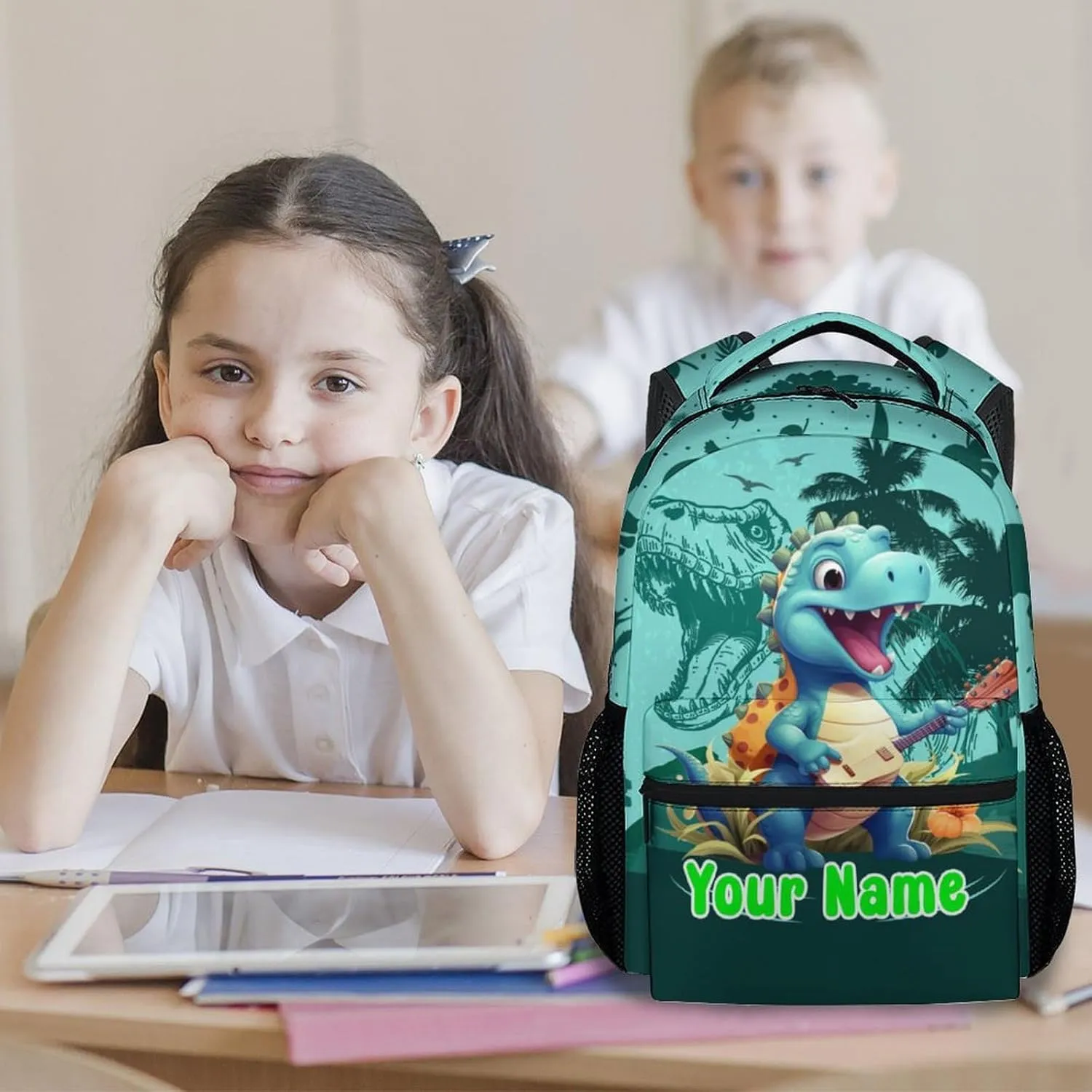 Custom Kids Backpack School Bookbags, Dinosaur Backpack for Girls Boys, 17 Inch School Backpacks for Primary Elementary, Cute Bookbag with Adjustable Straps, Green