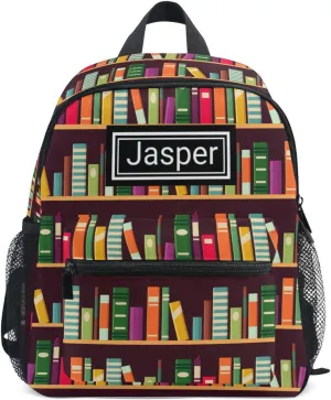 Custom Kid's Name Toddler Backpack for Boys Girls Bookshelf Pattern with Books Personalized Daycare Preschool Kindergarten Bookbag S