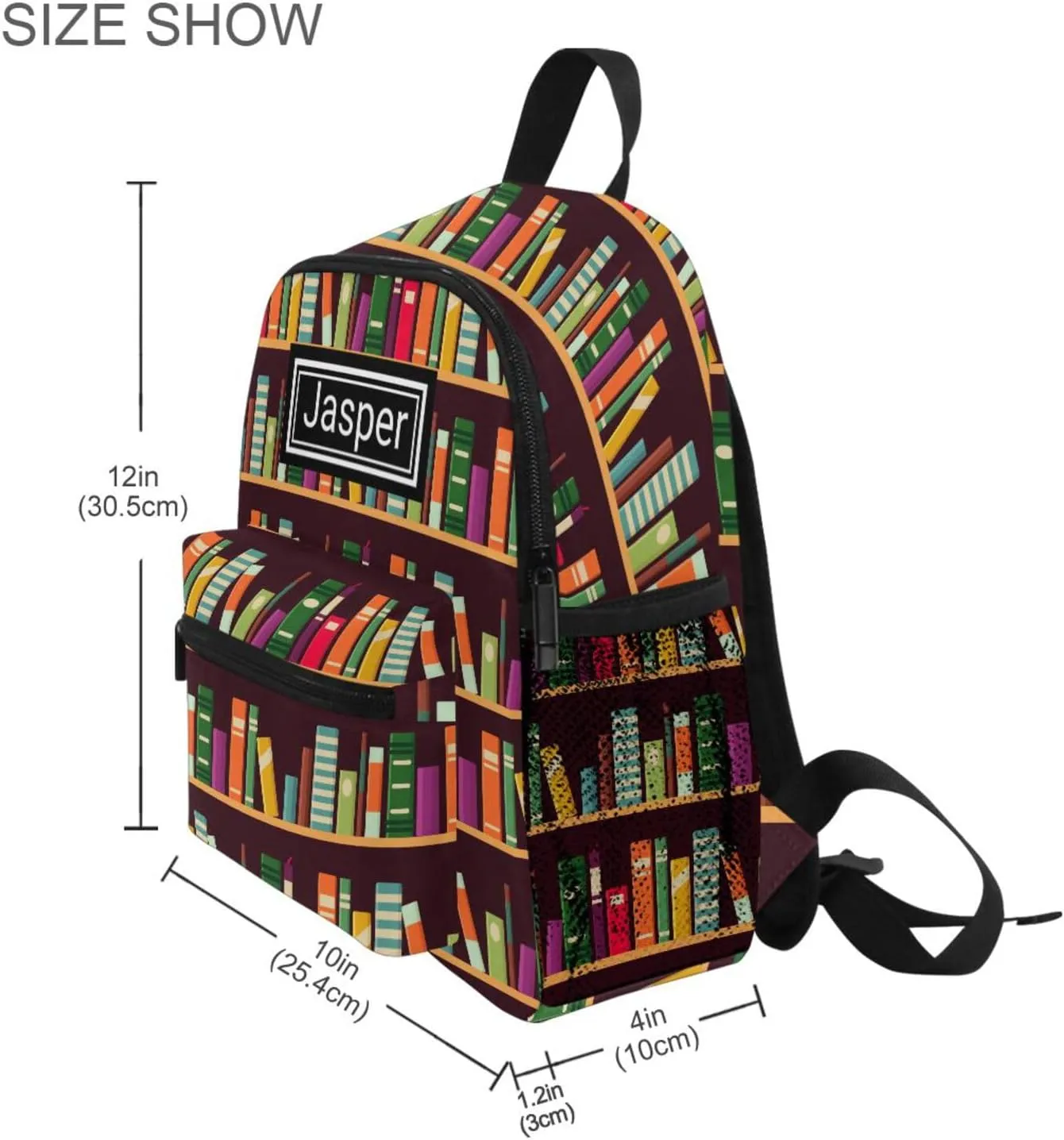 Custom Kid's Name Toddler Backpack for Boys Girls Bookshelf Pattern with Books Personalized Daycare Preschool Kindergarten Bookbag S