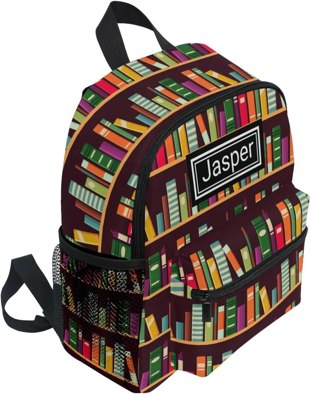 Custom Kid's Name Toddler Backpack for Boys Girls Bookshelf Pattern with Books Personalized Daycare Preschool Kindergarten Bookbag S