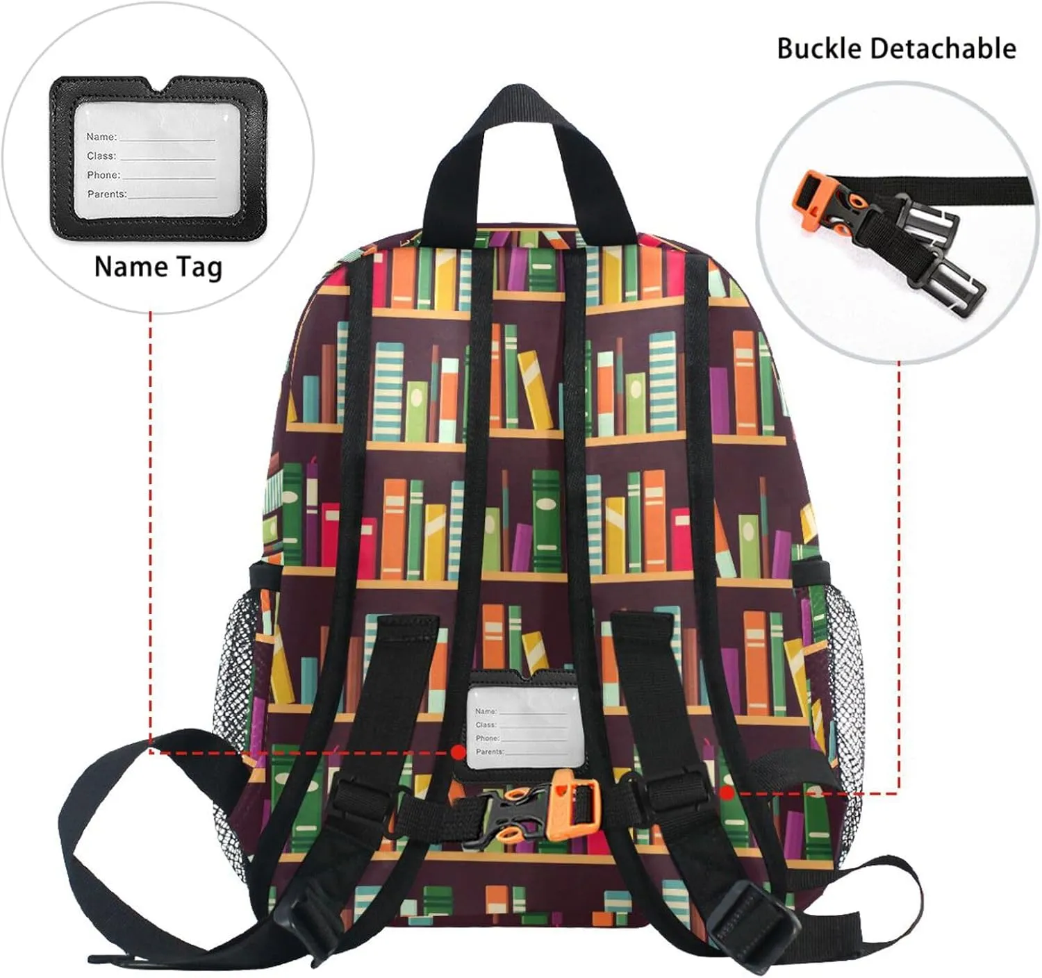 Custom Kid's Name Toddler Backpack for Boys Girls Bookshelf Pattern with Books Personalized Daycare Preschool Kindergarten Bookbag S