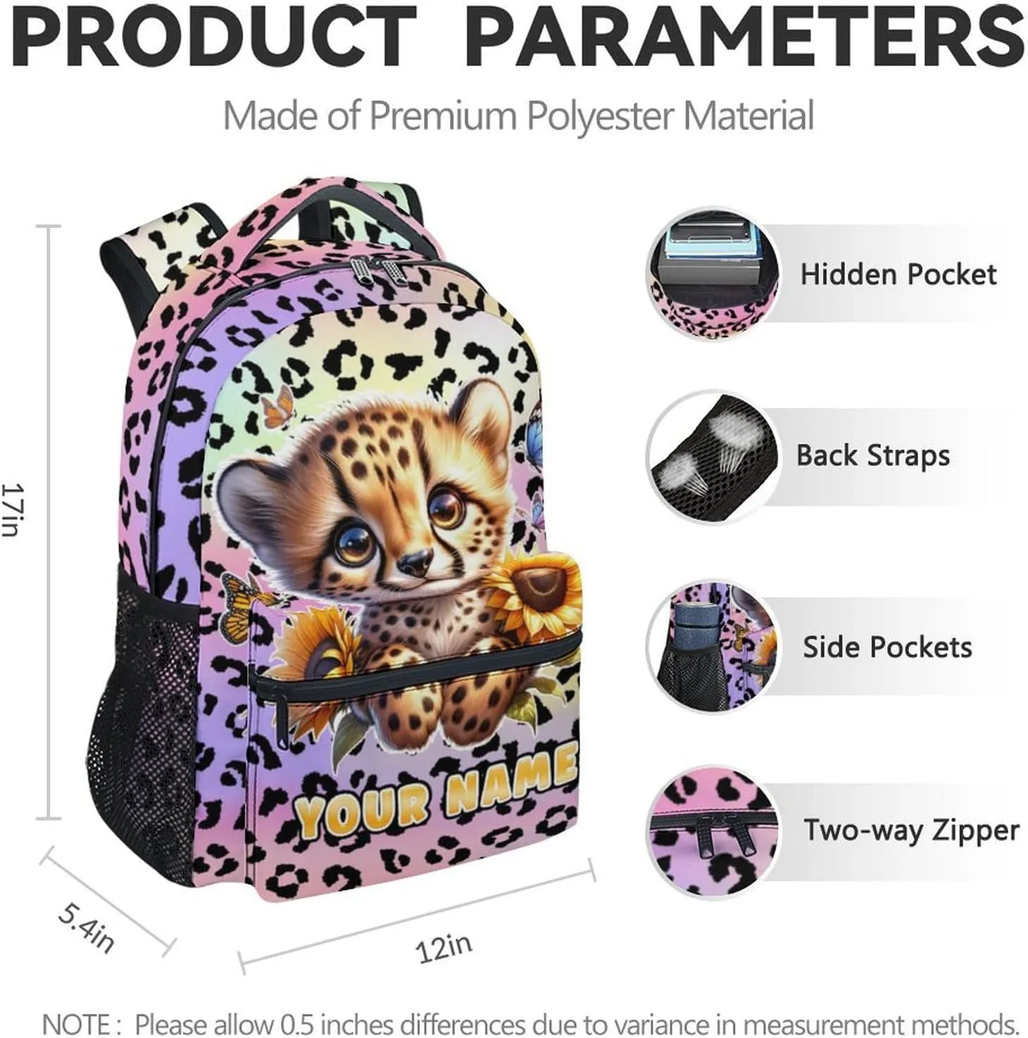 Custom School Backpack for Girls, 17 Inch Colorful Cheetah Backpacks for Kids, Cute Lightweight Bookbag
