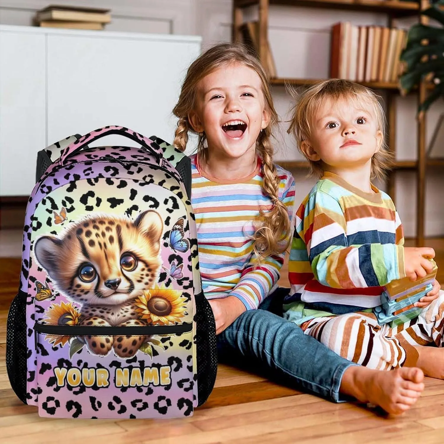 Custom School Backpack for Girls, 17 Inch Colorful Cheetah Backpacks for Kids, Cute Lightweight Bookbag