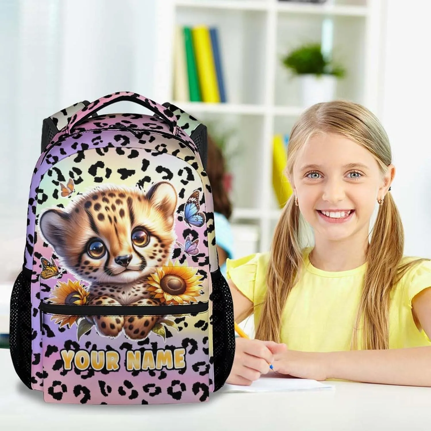 Custom School Backpack for Girls, 17 Inch Colorful Cheetah Backpacks for Kids, Cute Lightweight Bookbag