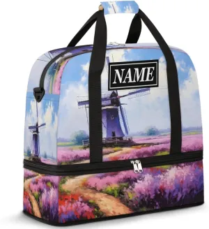 Customize Personalized Travel Duffel Bag Lavender Flower Field Windmill Sport Gym Bag for Woman Man,Waterproof Foldable Weekend Overnight Bag for Yoga Workout Training with Shoe Compartment