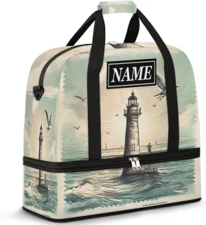 Customize Personalized Travel Duffel Bag Vintage Lighthouse Stamp Sport Gym Bag for Woman Man,Waterproof Foldable Weekend Overnight Bag for Yoga Workout Training with Shoe Compartment