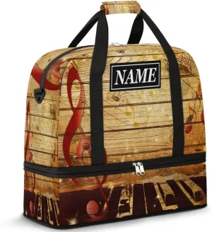 Customize Personalized Travel Duffel Bag Vintage Music Note Wooden Texture Sport Gym Bag for Woman Man,Waterproof Foldable Weekend Overnight Bag for Yoga Workout Training with Shoe Compartment