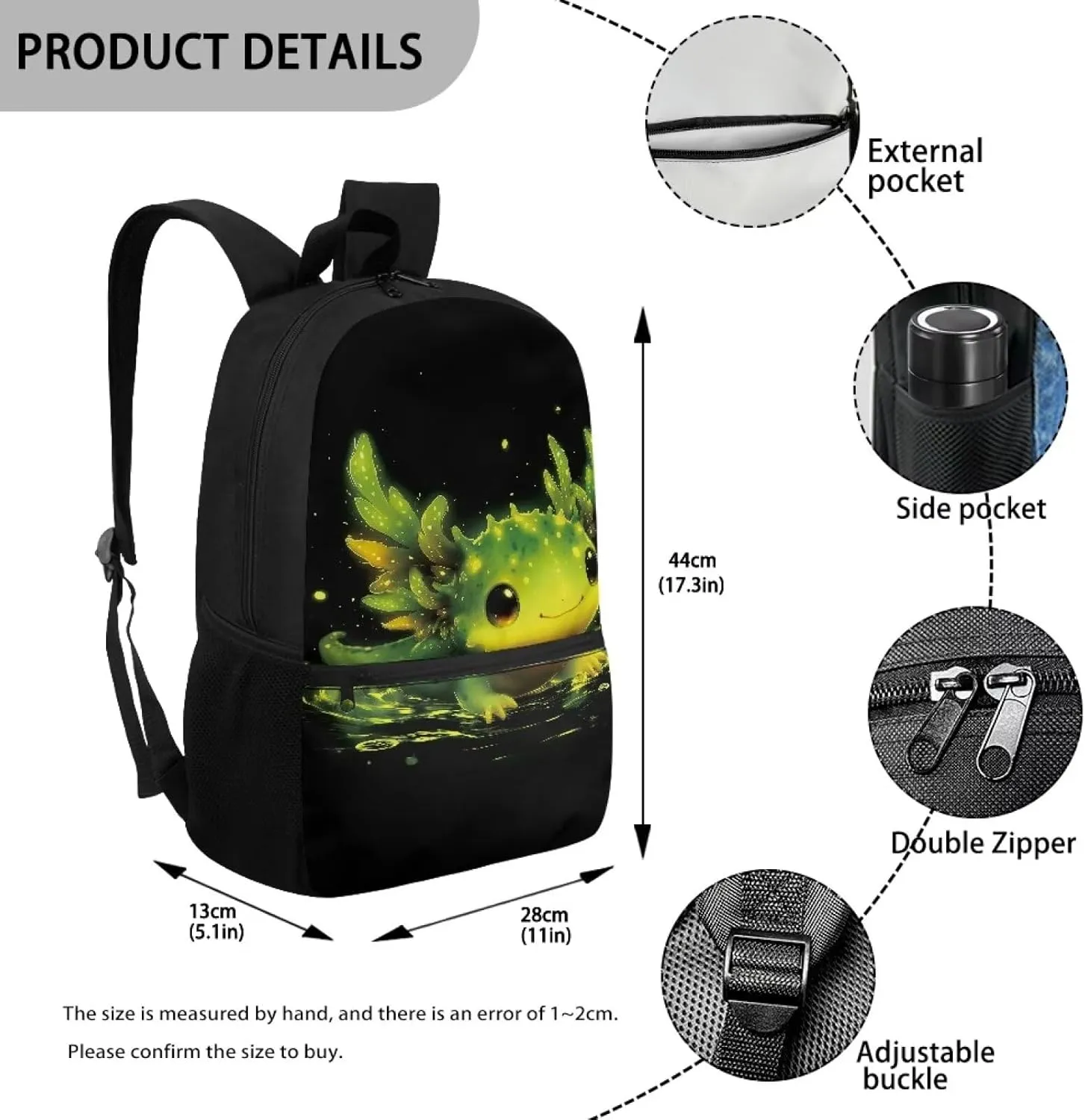Cute Axolotl Backpack 17 Inch School Bag for Girls Kids School Bookbag with Water Bottle Pockets Casual Daypack Backpacks for Students Travel Outdoor