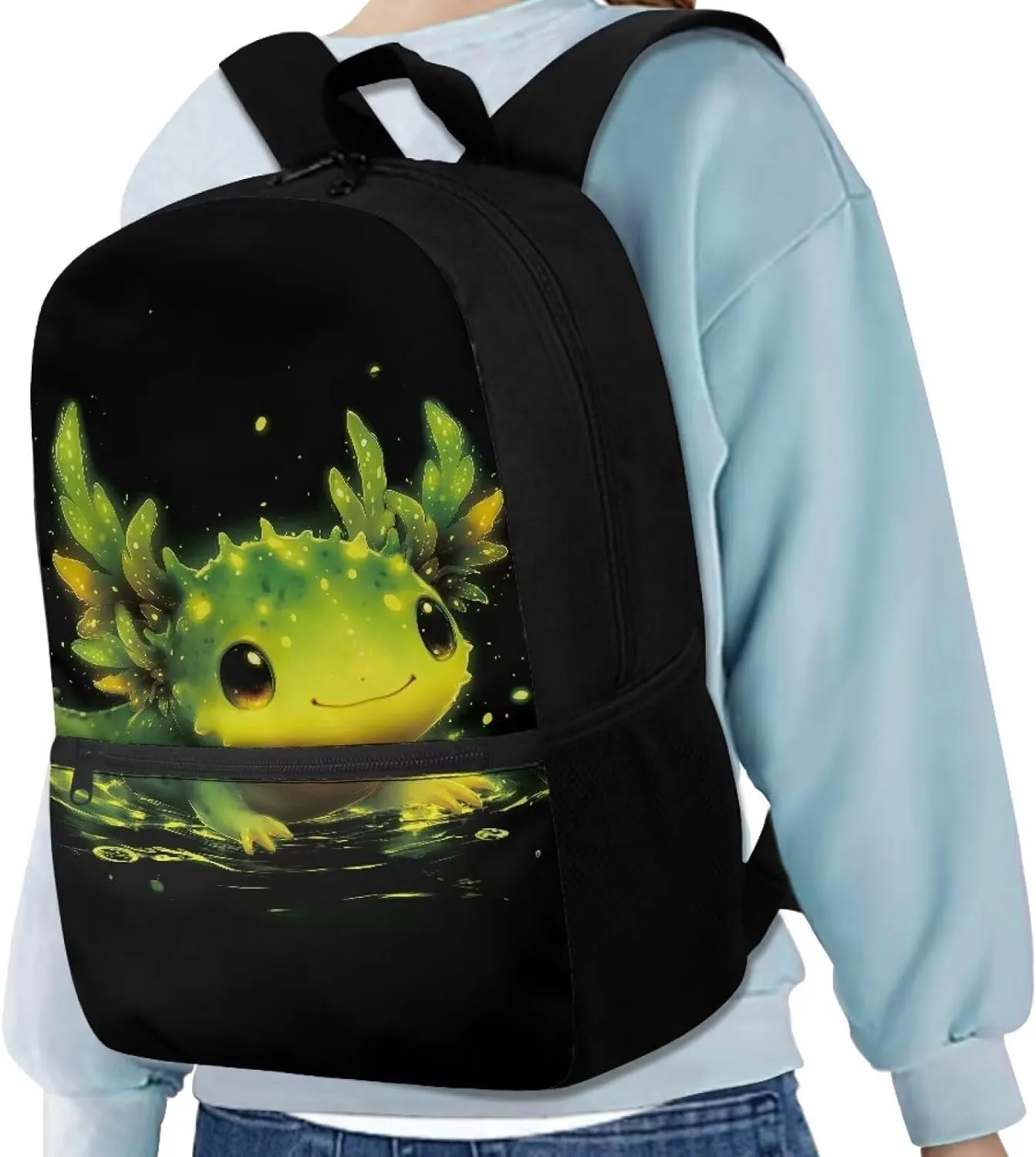 Cute Axolotl Backpack 17 Inch School Bag for Girls Kids School Bookbag with Water Bottle Pockets Casual Daypack Backpacks for Students Travel Outdoor