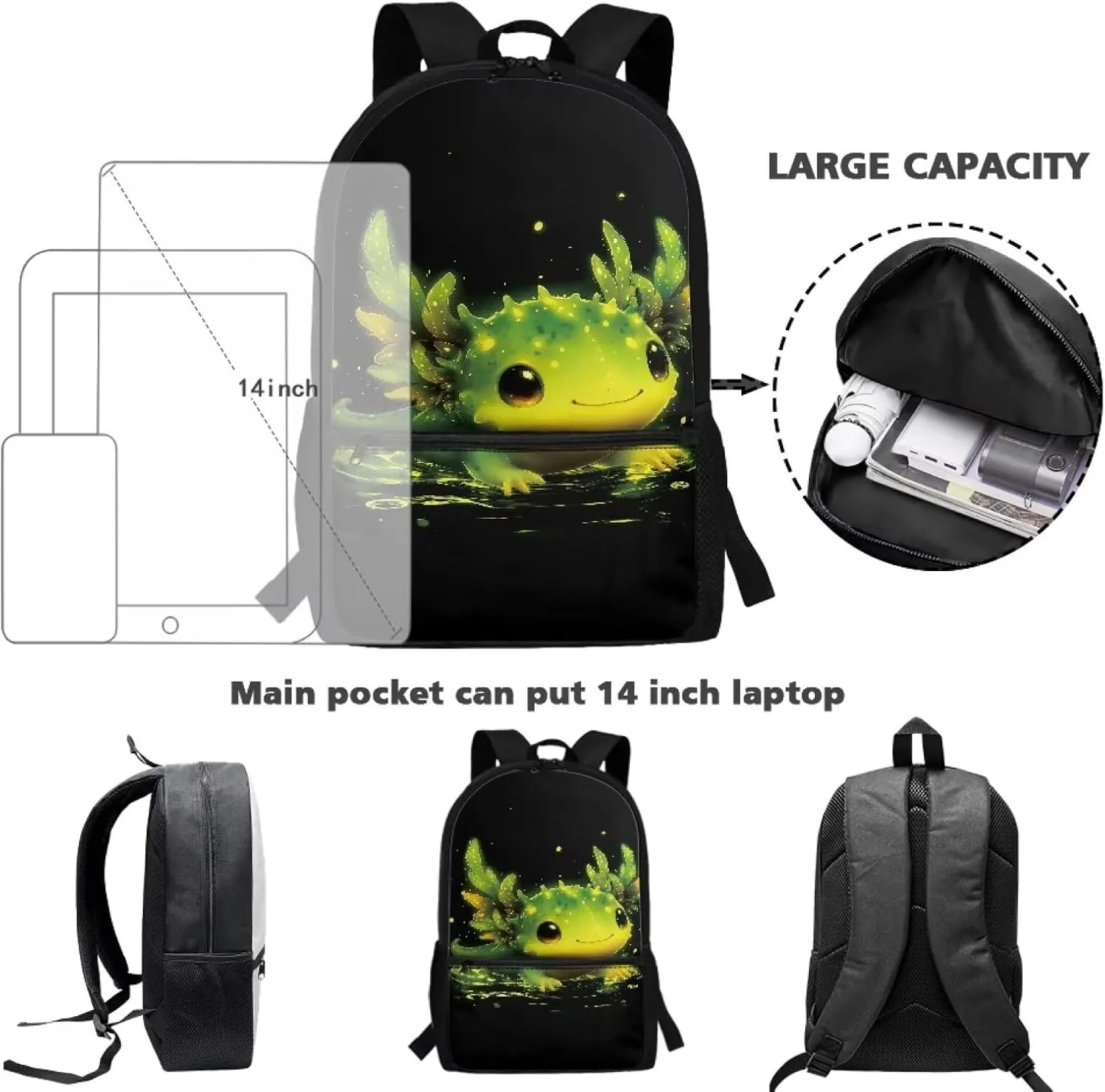 Cute Axolotl Backpack 17 Inch School Bag for Girls Kids School Bookbag with Water Bottle Pockets Casual Daypack Backpacks for Students Travel Outdoor