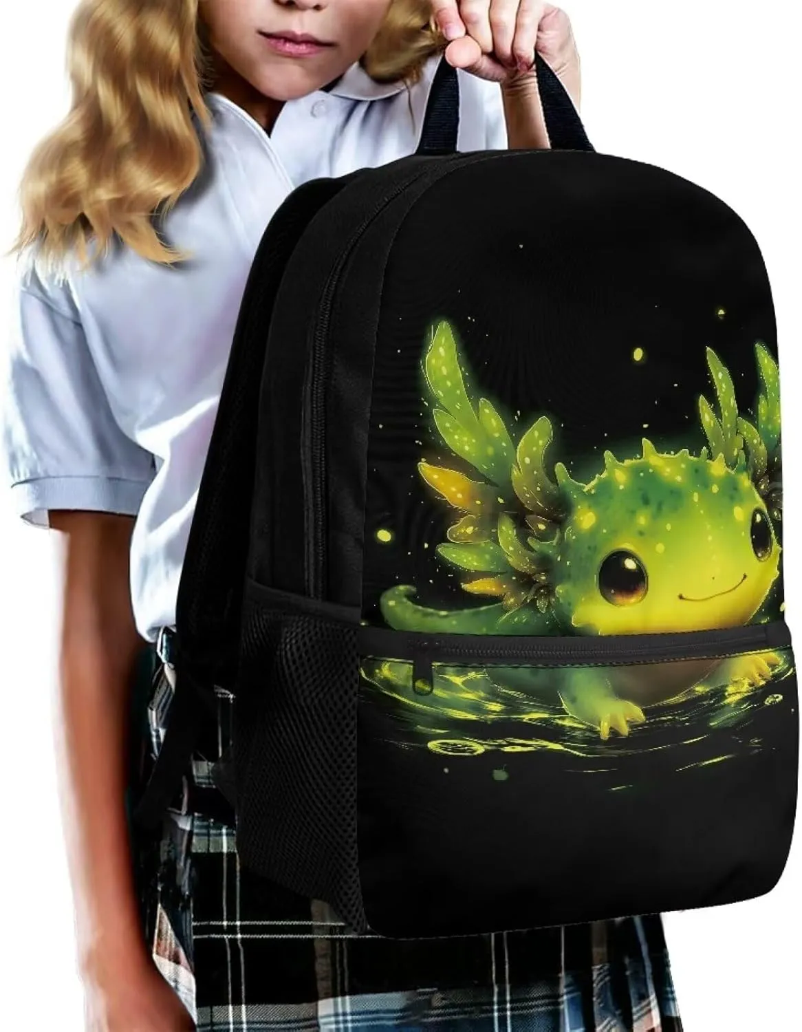Cute Axolotl Backpack 17 Inch School Bag for Girls Kids School Bookbag with Water Bottle Pockets Casual Daypack Backpacks for Students Travel Outdoor