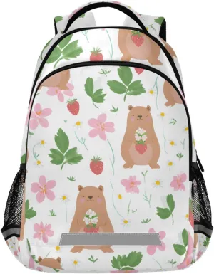 Cute Bear Strawberry Floral Backpack for Girls Boys School Bookbag Kids Daypack Lightweight Laptop Backpack Back to School Supplies