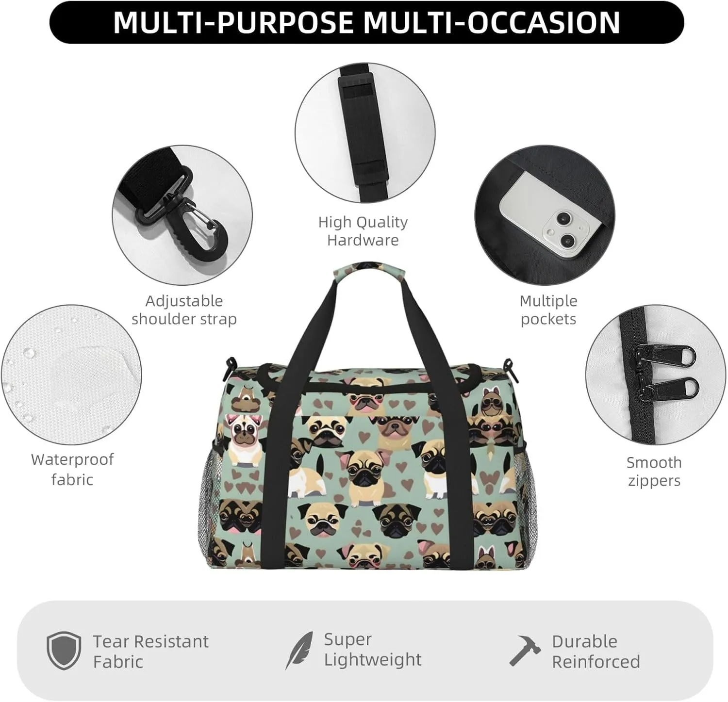 Cute Chihuahua Pug Pattern Travel Duffel Bag With Zippers And Handles, Big Foldable Duffle Bag For Family Vacations