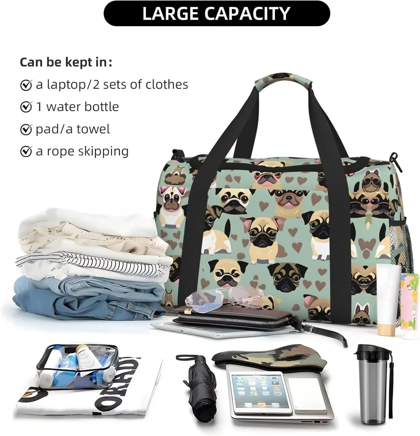 Cute Chihuahua Pug Pattern Travel Duffel Bag With Zippers And Handles, Big Foldable Duffle Bag For Family Vacations