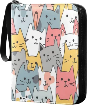Cute Colorful Cartoon Cat Card Binder 4-Pocket, 400 Pockets PU Waterproof Zippered Collector Card Album with 50 Removable Sleeves for Trading, Game Cards