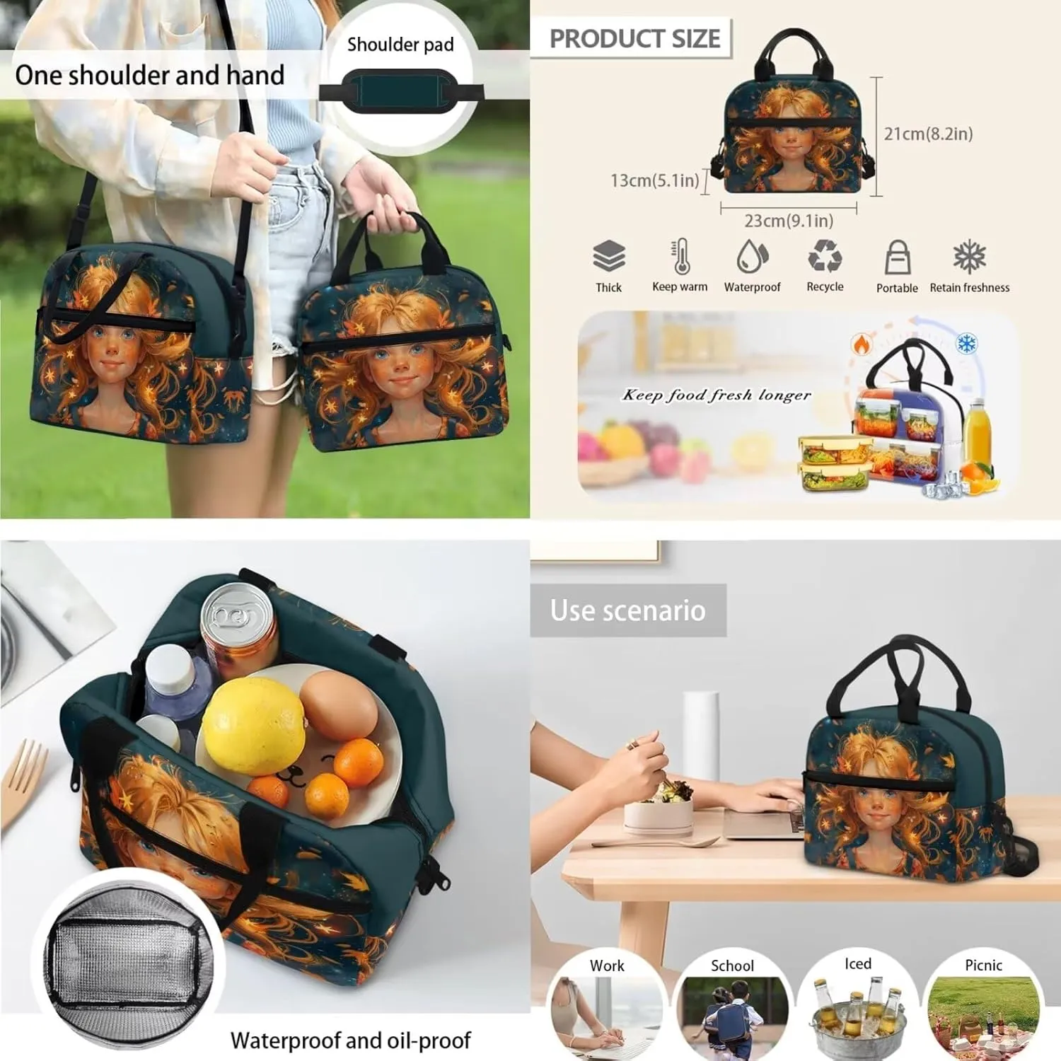 Cute Girls Print Girls Bookbag with Lunch Box 6 to 14 Years Old Multi-Pockets Teenage Girl Backpack Reusable Leakproof Lunch Box for Boys for Junior Middle School
