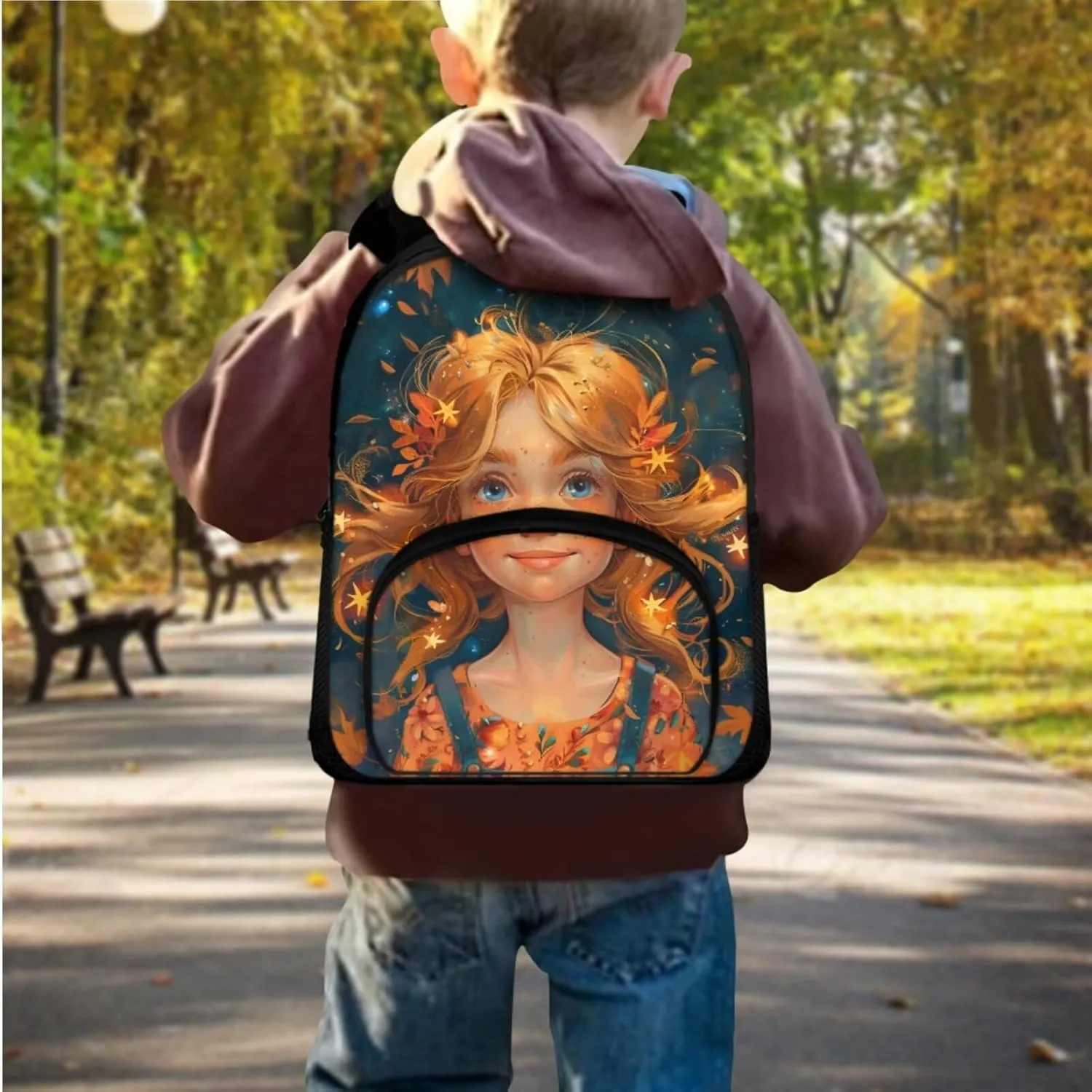 Cute Girls Print Girls Bookbag with Lunch Box 6 to 14 Years Old Multi-Pockets Teenage Girl Backpack Reusable Leakproof Lunch Box for Boys for Junior Middle School