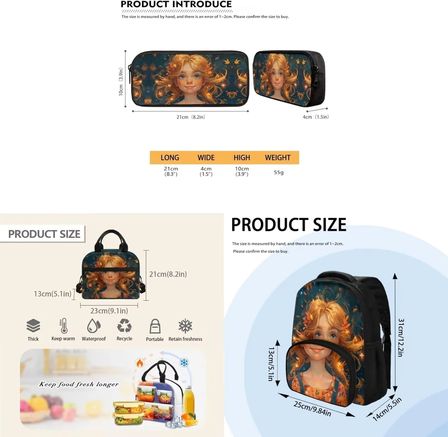 Cute Girls Print Girls Bookbag with Lunch Box 6 to 14 Years Old Multi-Pockets Teenage Girl Backpack Reusable Leakproof Lunch Box for Boys for Junior Middle School