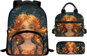 Cute Girls Print Girls Bookbag with Lunch Box 6 to 14 Years Old Multi-Pockets Teenage Girl Backpack Reusable Leakproof Lunch Box for Boys for Junior Middle School