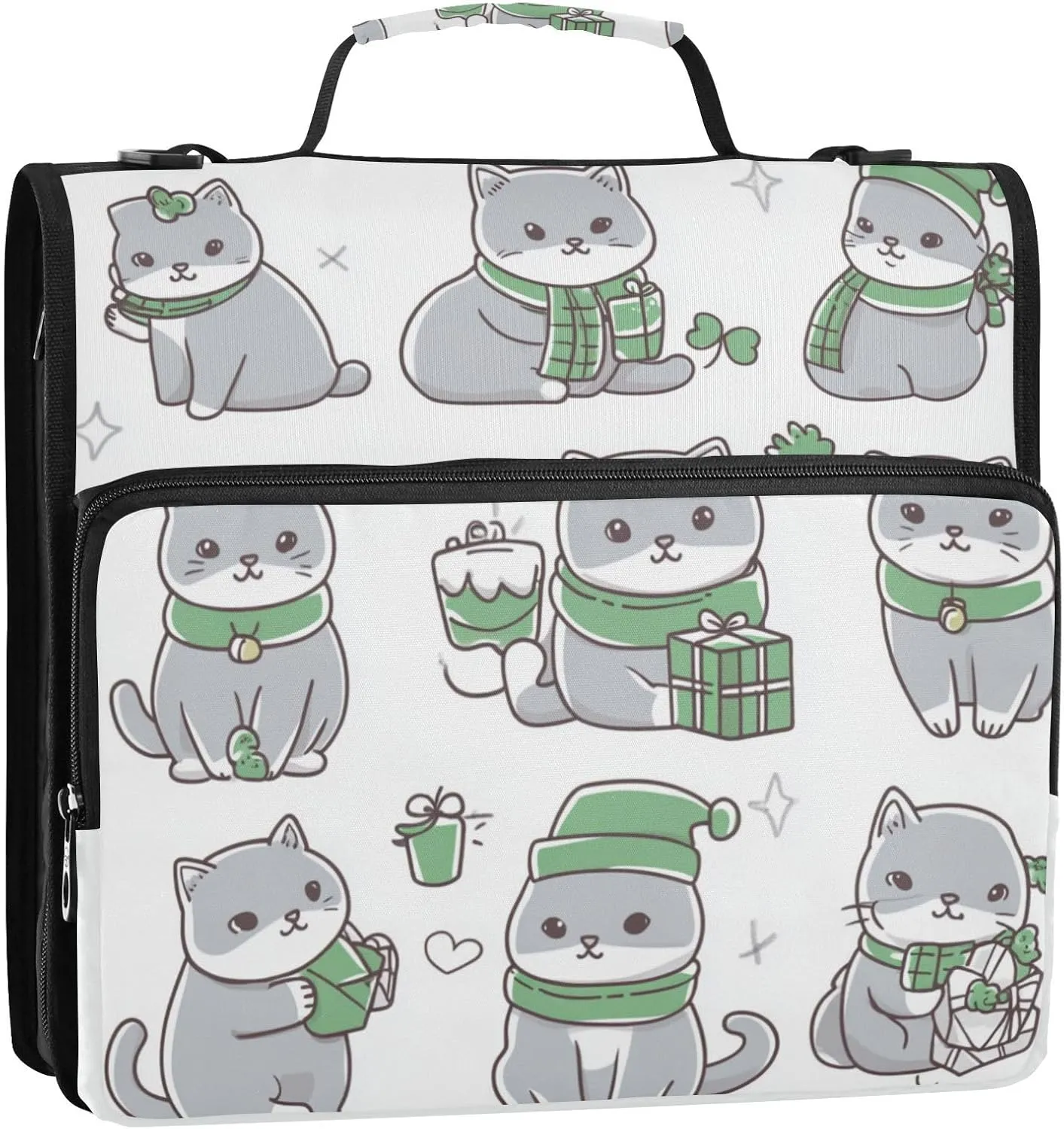 Cute Gray Cat White 3 Rings 1.5 inch Organizer Binder with Shoulder Strap & Handle Laege Capacity Portable Home Travel Safe Storage Bag for School/Office
