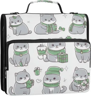 Cute Gray Cat White 3 Rings 1.5 inch Organizer Binder with Shoulder Strap & Handle Laege Capacity Portable Home Travel Safe Storage Bag for School/Office