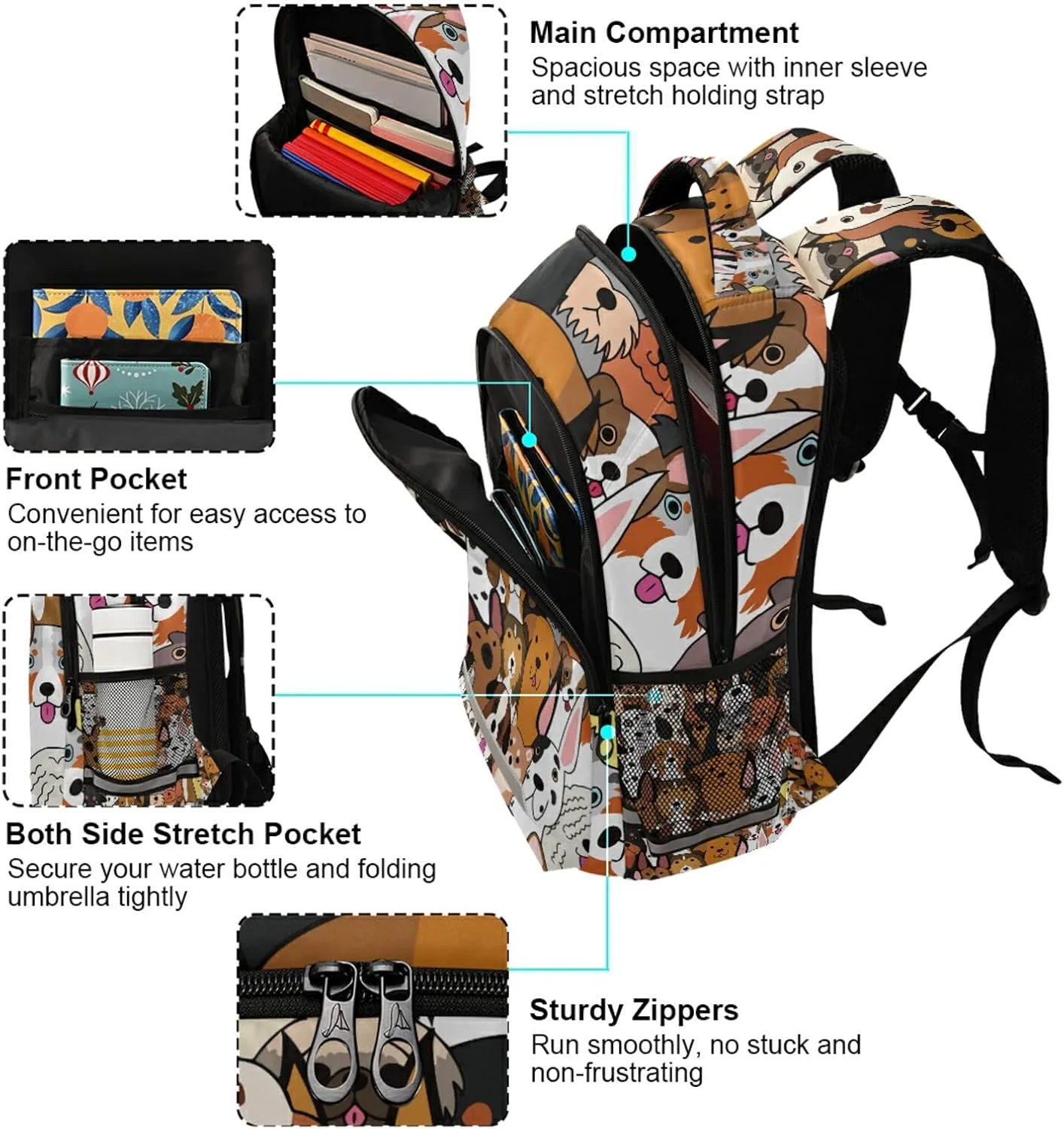 Cute Pet Dogs School Backpacks with Chest Strap for Teens Boys Girls,Lightweight Student Bookbags 17 Inch, Doodle Puppies Casual Daypack Schoolbags ?