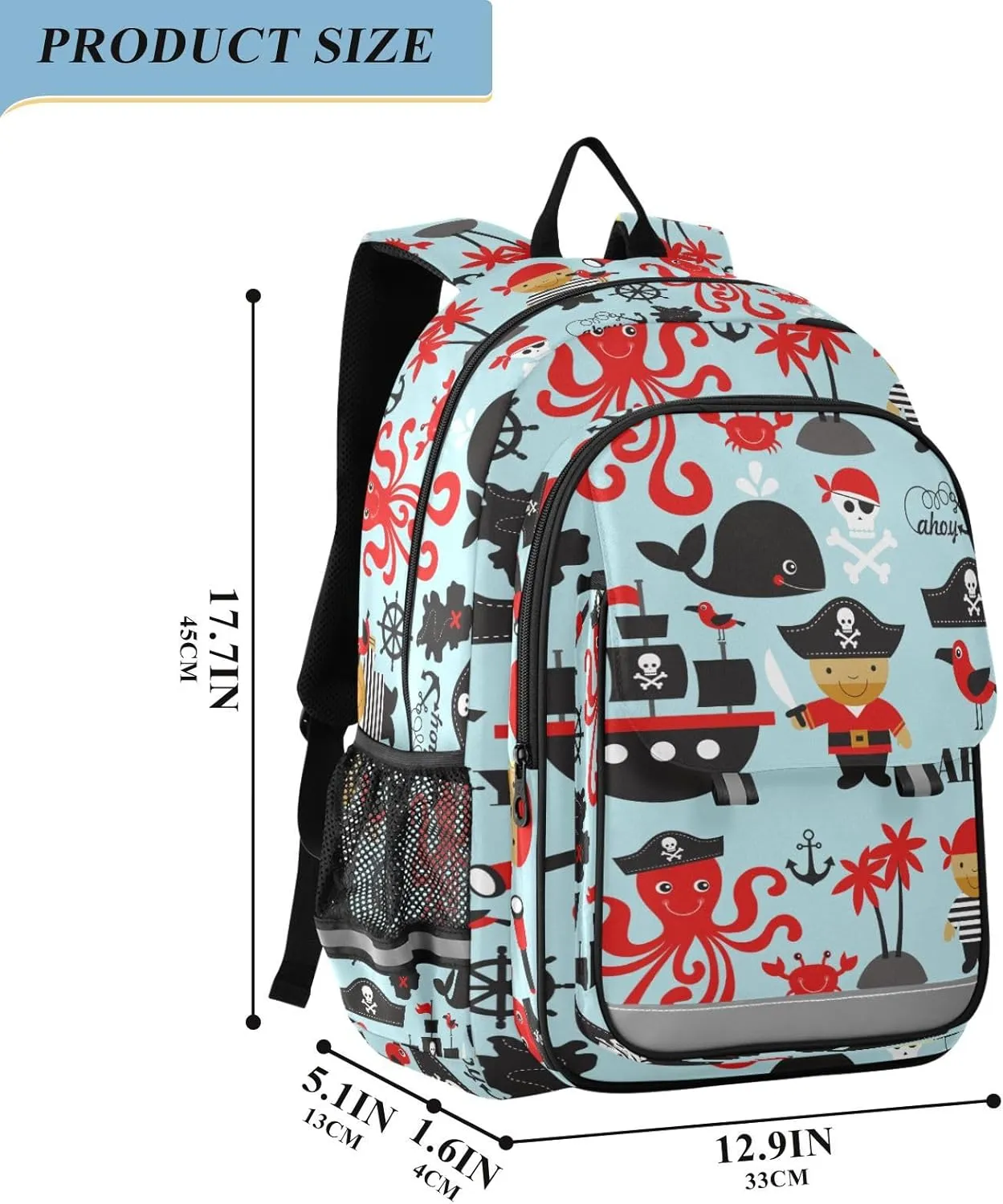 Cute Pirate Octopus Skeleton Kids backpack for School Bookbag Large Capacity Backpacks Daypack School Bag for Girls Boys Travel Elementary School Outdoor with Chest Strap Gifts