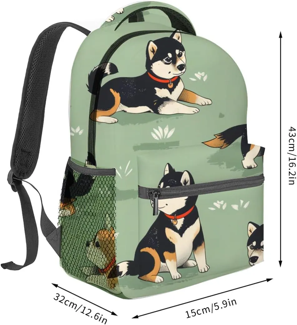 Cute Shiba Inu Backpack,Adorable Dog Polyester Backpacks,Lightweight Double Shoulder Back Pack for Kids Teens, Sage Green Bookbag,School Bag Gifts,Casual Travel Daypack Book Packs