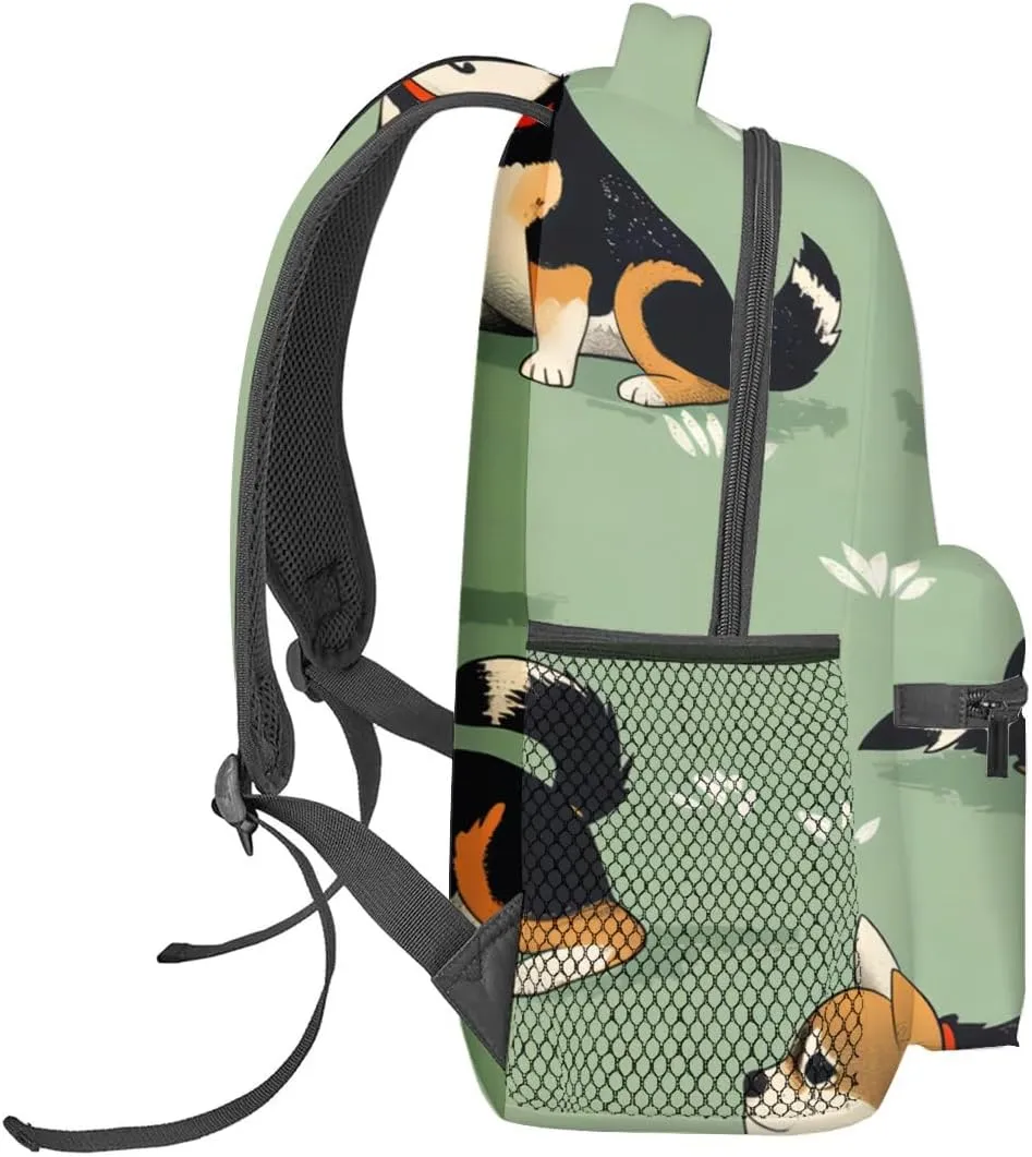 Cute Shiba Inu Backpack,Adorable Dog Polyester Backpacks,Lightweight Double Shoulder Back Pack for Kids Teens, Sage Green Bookbag,School Bag Gifts,Casual Travel Daypack Book Packs
