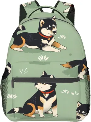 Cute Shiba Inu Backpack,Adorable Dog Polyester Backpacks,Lightweight Double Shoulder Back Pack for Kids Teens, Sage Green Bookbag,School Bag Gifts,Casual Travel Daypack Book Packs