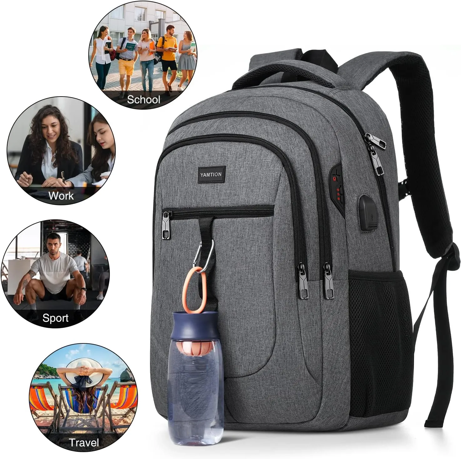 Dark Gray Backpack for Men and Women,School Backpack Bookbag for Teen Boys and Girls High School Laptop Backpack with USB for College Student Work Business