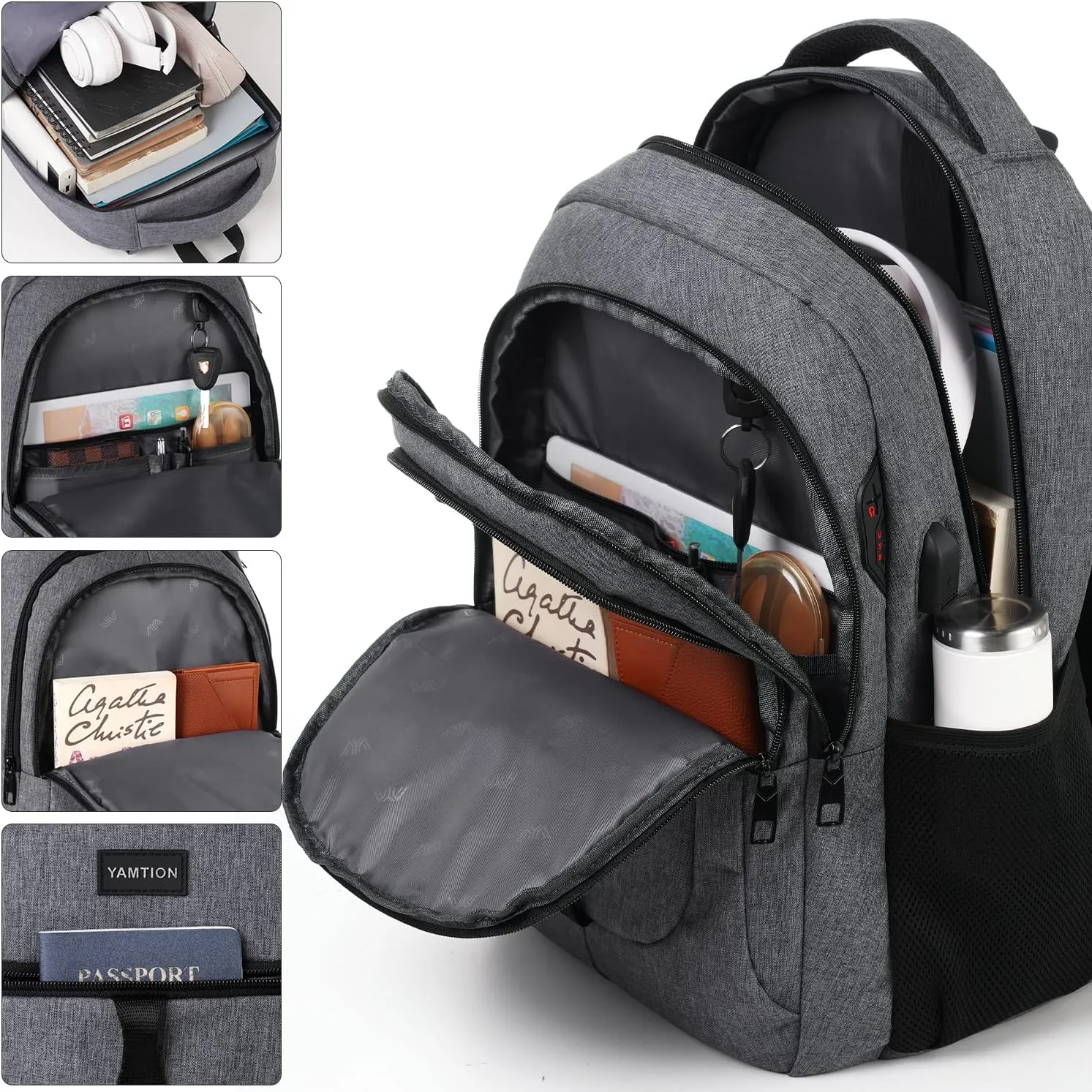Dark Gray Backpack for Men and Women,School Backpack Bookbag for Teen Boys and Girls High School Laptop Backpack with USB for College Student Work Business