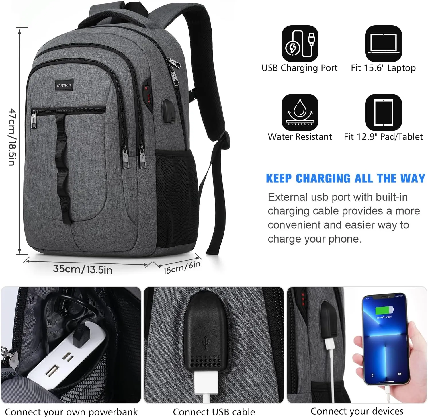 Dark Gray Backpack for Men and Women,School Backpack Bookbag for Teen Boys and Girls High School Laptop Backpack with USB for College Student Work Business