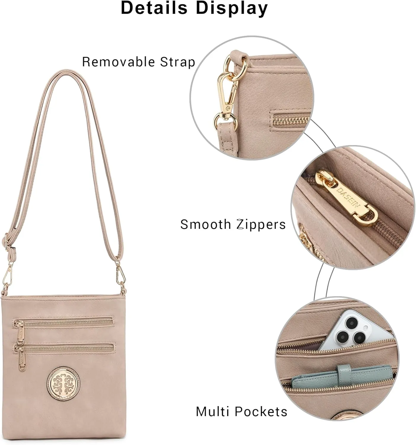 Dasein Women Small Crossbody Bag Lightweight Shoulder Purses Multi Zipper Pockets Phone Purse Handbag