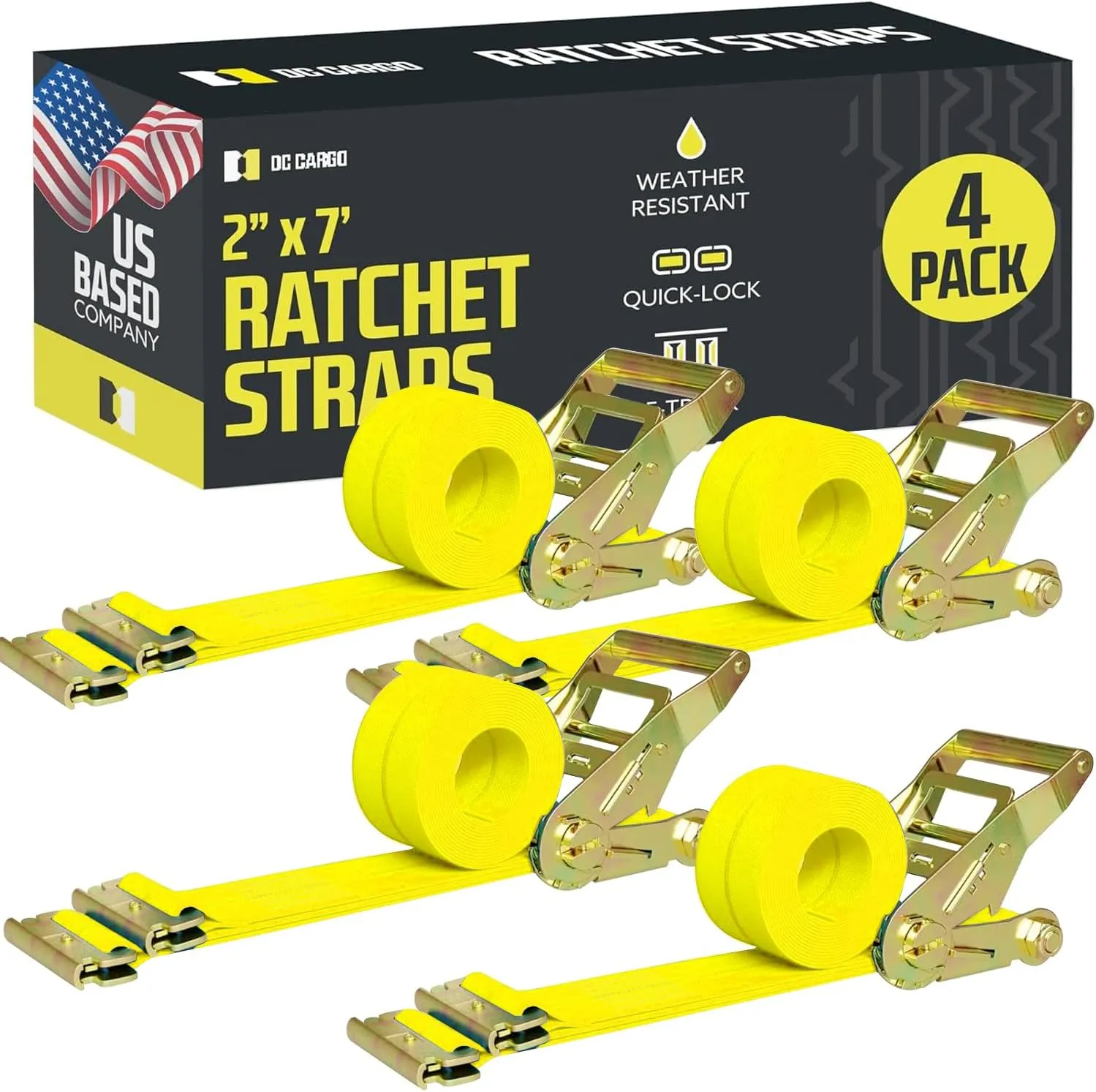 DC Cargo Mall E Track Ratchet Straps, Heavy Duty Cargo Tie-Down E Track Straps 2" x 12', (4 Pack, Yellow) E Track Spring Fittings Tie Down Motorcycle, Vans, Trucks, Trailers