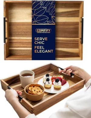 Decorative Serving Tray with Black Handles - Premium Acacia Wood Grain - Impress Your Guests with This Ottoman Tray, Serve Breakfast in Bed, Organize & Declutter - 13 x17 inch by Comfify