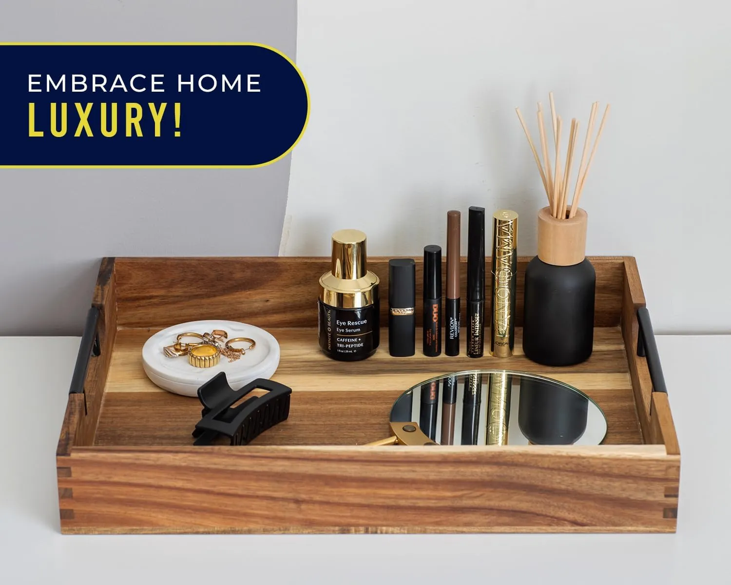 Decorative Serving Tray with Black Handles - Premium Acacia Wood Grain - Impress Your Guests with This Ottoman Tray, Serve Breakfast in Bed, Organize & Declutter - 13 x17 inch by Comfify