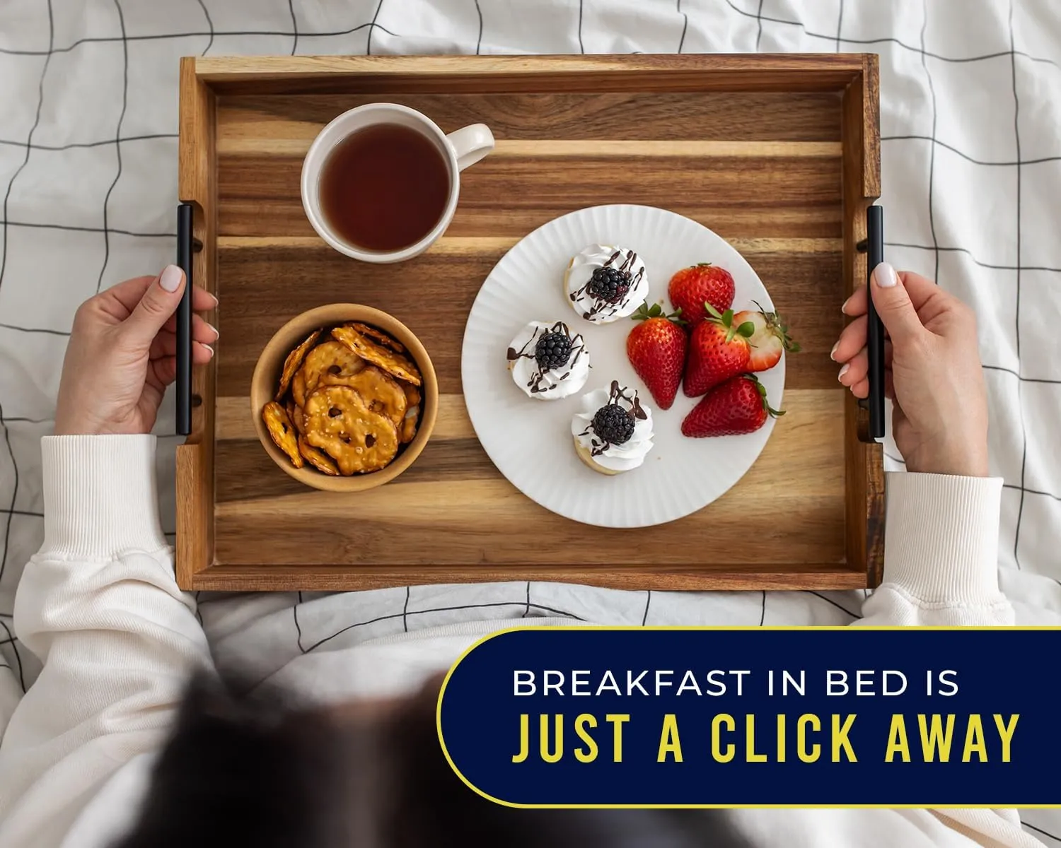 Decorative Serving Tray with Black Handles - Premium Acacia Wood Grain - Impress Your Guests with This Ottoman Tray, Serve Breakfast in Bed, Organize & Declutter - 13 x17 inch by Comfify