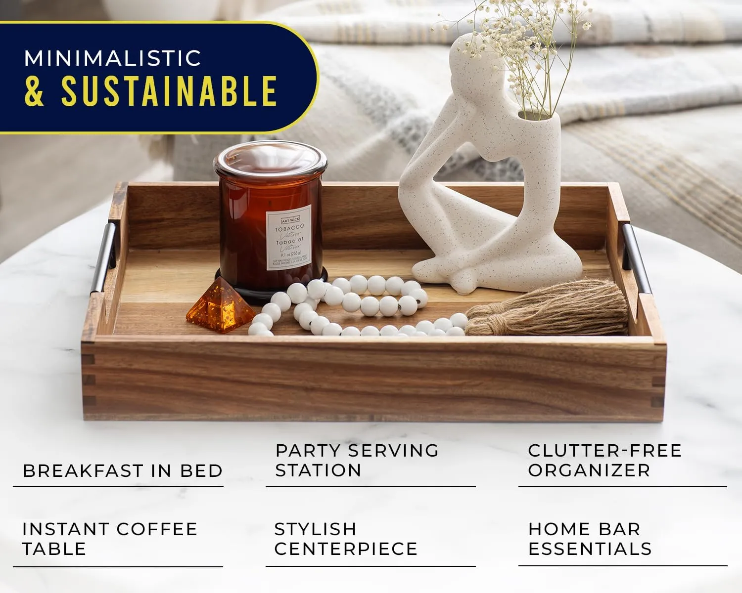 Decorative Serving Tray with Black Handles - Premium Acacia Wood Grain - Impress Your Guests with This Ottoman Tray, Serve Breakfast in Bed, Organize & Declutter - 13 x17 inch by Comfify