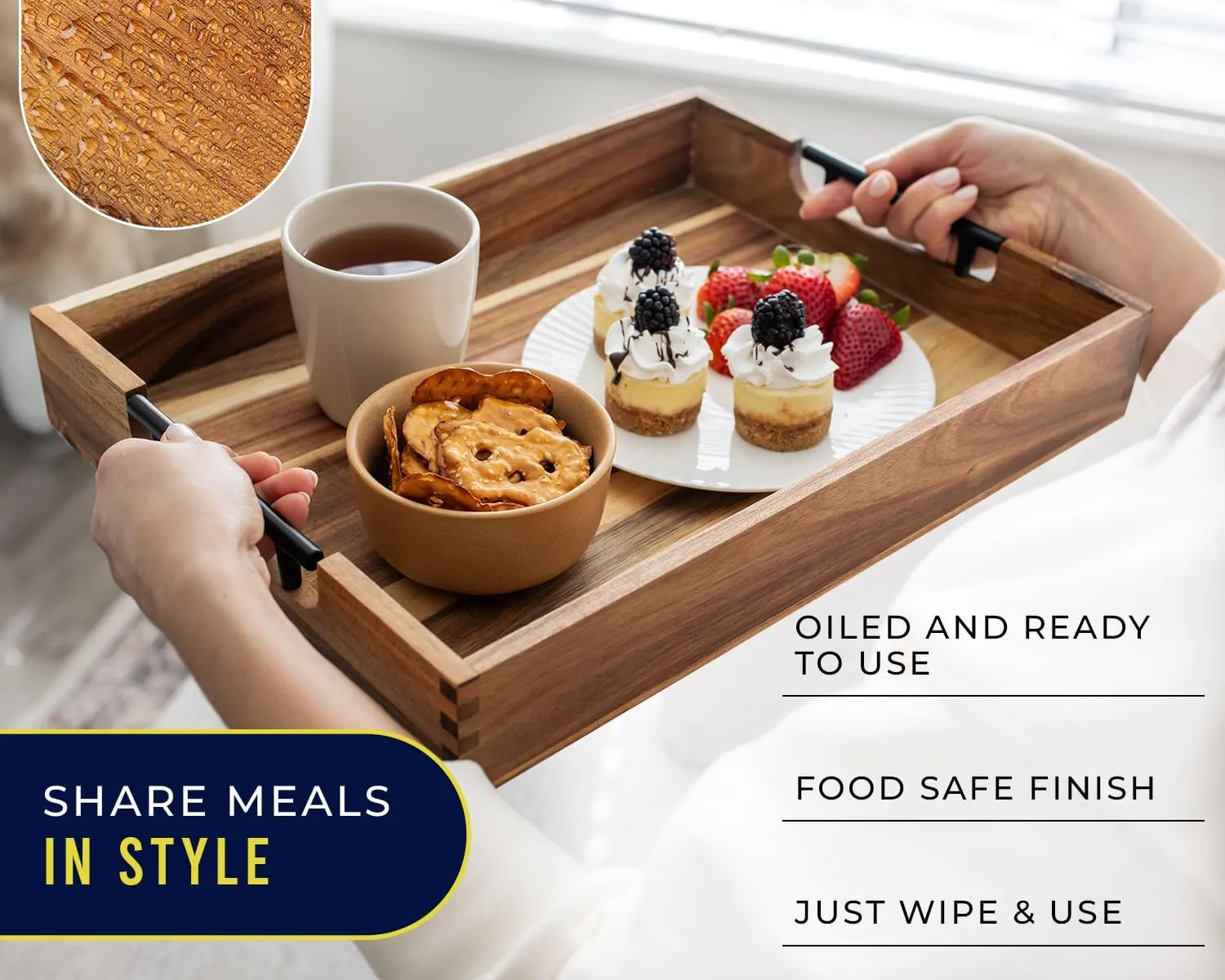 Decorative Serving Tray with Black Handles - Premium Acacia Wood Grain - Impress Your Guests with This Ottoman Tray, Serve Breakfast in Bed, Organize & Declutter - 13 x17 inch by Comfify