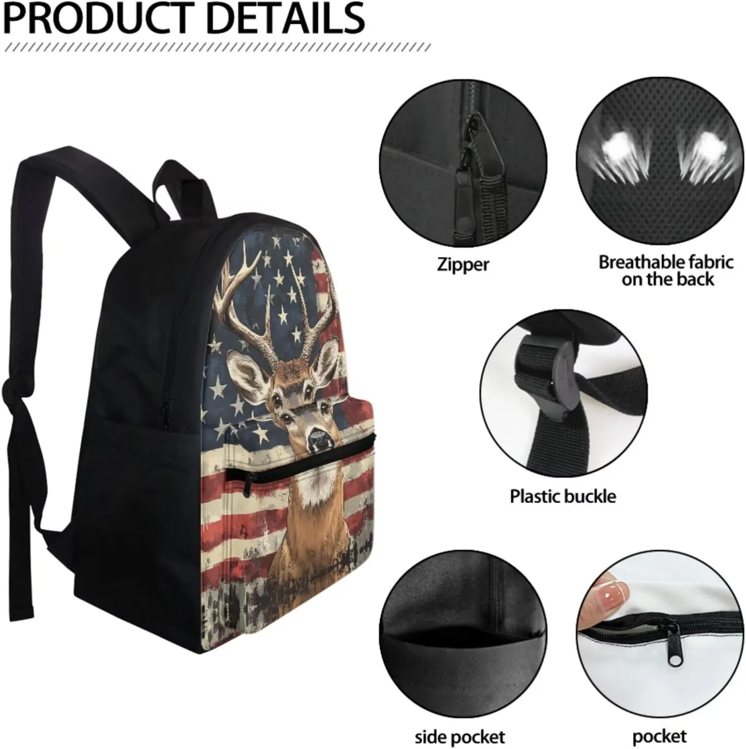 Deer School Backpack for Boys 7-10 10-12 Elementary School Bag with Lunch Bag Set with Pencil Case American Flag Bookbag Back To School Satchel Middle School Daypack