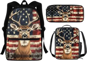 Deer School Backpack for Boys 7-10 10-12 Elementary School Bag with Lunch Bag Set with Pencil Case American Flag Bookbag Back To School Satchel Middle School Daypack