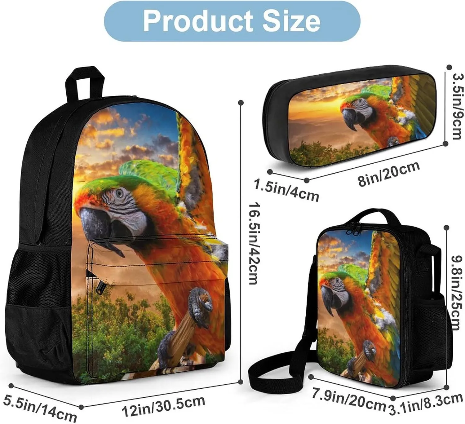 Delerain Colorful Parrot 3 Pcs Backpack Set for Kids Back to School Bookbag with Lunch Box and Pencil Case Durable Lightweight Travel for Teens Students Boys Girls