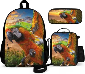 Delerain Colorful Parrot 3 Pcs Backpack Set for Kids Back to School Bookbag with Lunch Box and Pencil Case Durable Lightweight Travel for Teens Students Boys Girls